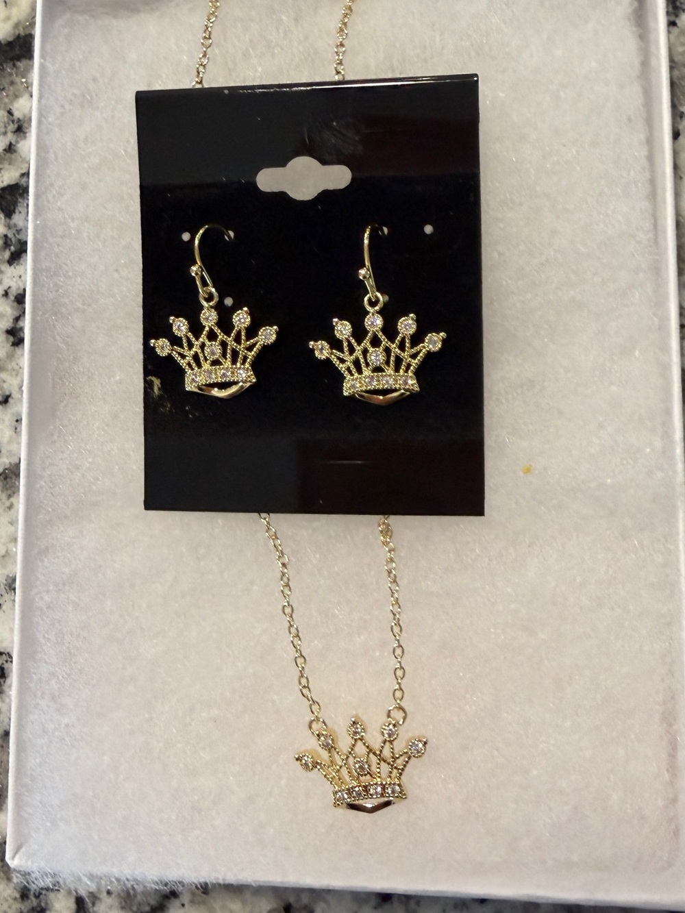 Gold Diamond Crown Pendant Necklace and Stud Earrings Set